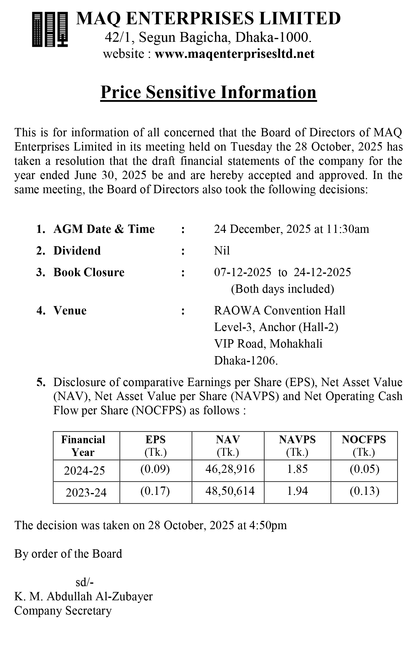 Price Sensitive Online News Ad MEL 2024 25 AGM BIG